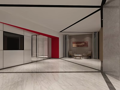 Modern Elevator Hallway Interior With Marble Floor Red Wall White Gray Walls And Glass Door 3d model