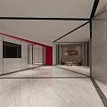 Modern Elevator Hallway Interior With Marble Floor Red Wall White Gray Walls And Glass Door