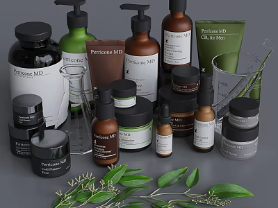 Stylish Bathroom Accessories With Natural Green Leaves And Skincare Bottles Jars 3d model