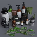 Stylish Bathroom Accessories With Natural Green Leaves And Skincare Bottles Jars