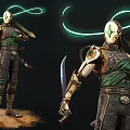 Dual Fantasy Creature Characters in Green Black Armor with Weapons and Glowing Energy Lines 3d model