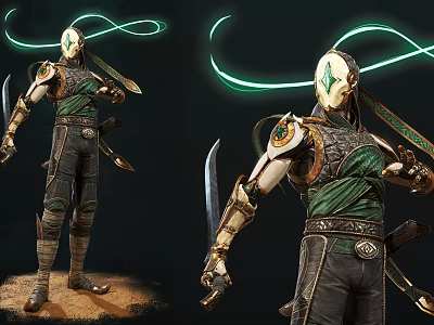 Dual Fantasy Creature Characters in Green Black Armor with Weapons and Glowing Energy Lines 3d model