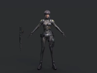 Game Anime Female Character In Black Silver Armor With Short Hair And Weapon 3d model