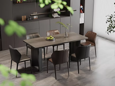 Dining Table Set with Six Brown Chairs Green Plant and Fruit Bowl in Modern Kitchen 3d model