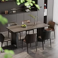 Dining Table Set with Six Brown Chairs Green Plant and Fruit Bowl in Modern Kitchen