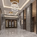 Elevator Corridor With Marble Walls Crystal Chandelier Double Doors And Elegant Lighting Design 3d model