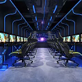 Modern Cyber Cafe Interior With Gaming Computers Comfortable Chairs And Blue Lighting 3d model