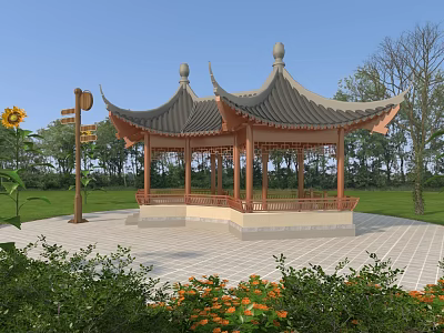 Traditional Chinese Pavilion With Curved Eaves Surrounded By Green Plants And Sunflowers 3d model