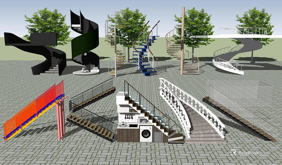 Different Design Spiral Stairs With Wooden Metal And White Railings In Outdoor Plaza 3d model 