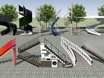 Different Design Spiral Stairs With Wooden Metal And White Railings In Outdoor Plaza 3d model