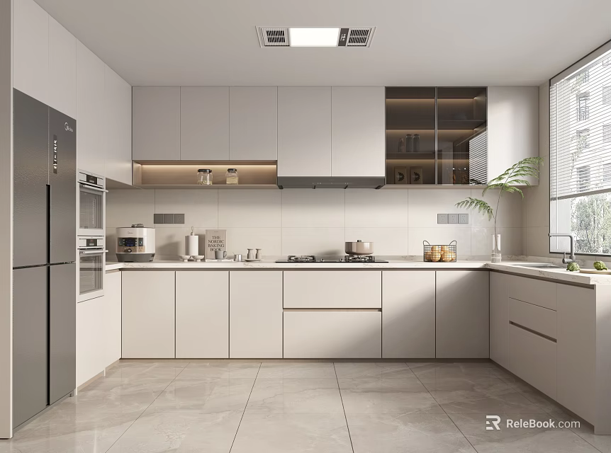 Modern Open Kitchen Interior Design With Island Counter Cabinets And Appliances 3d model 