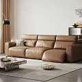 Leisure Brown Leather Sofa Set With Marble Coffee Table Floor Lamp And Decorative Painting
