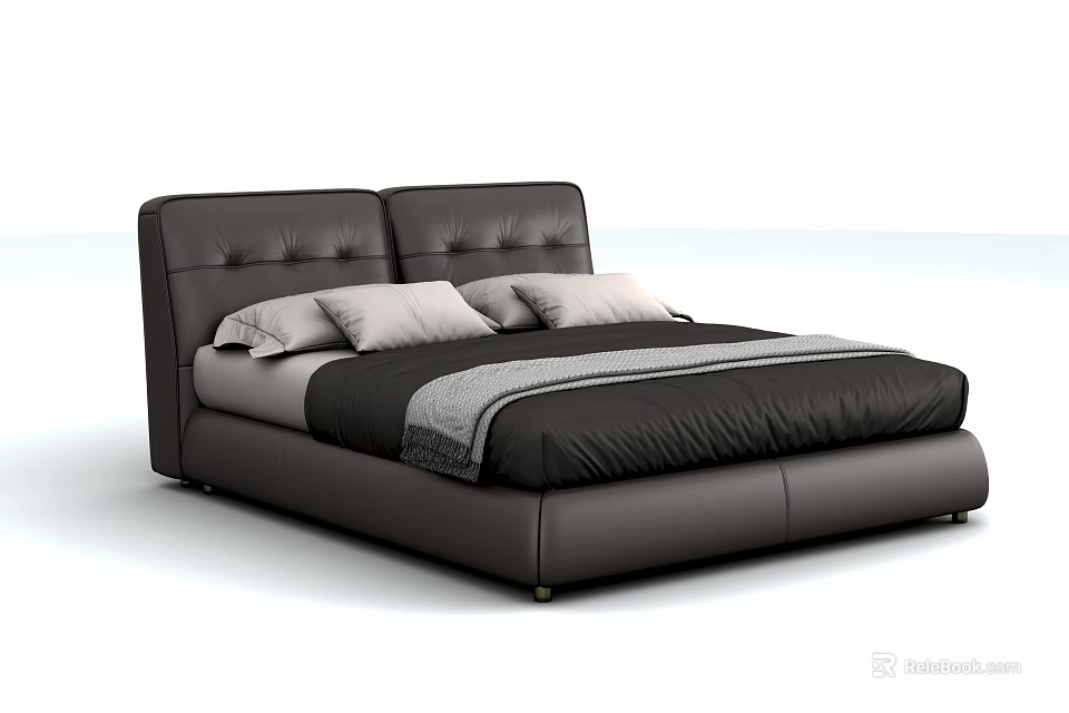 Modern Double Bed with Black Leather Headboard Soft Pillows and Gray Blanket 3d model 