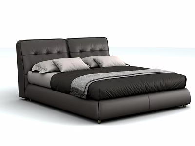 Modern Double Bed with Black Leather Headboard Soft Pillows and Gray Blanket 3d model