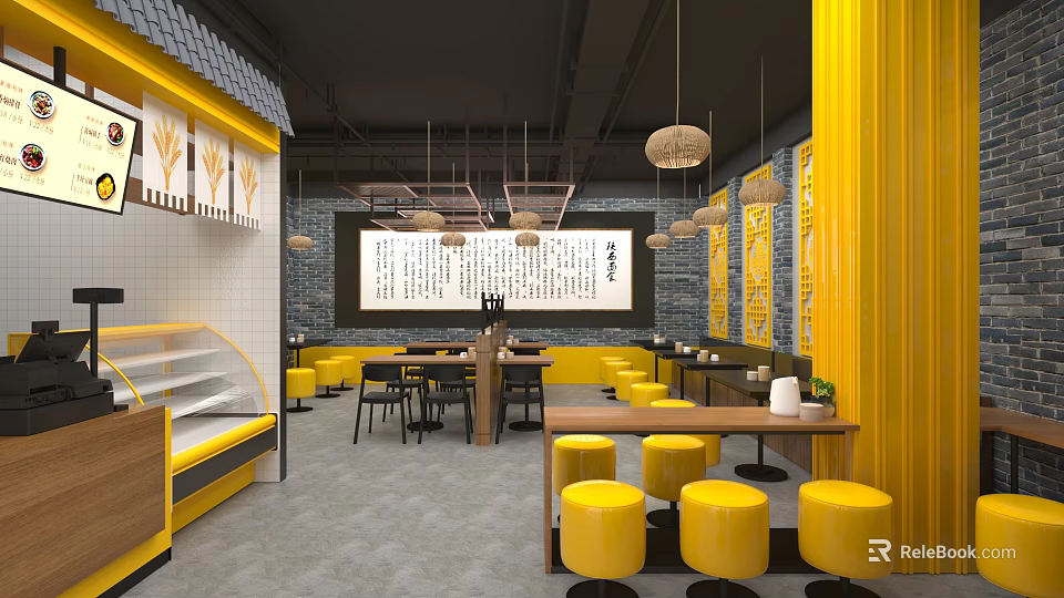 Chinese Restaurant Interior With Yellow Seats Black Pendant Lights Calligraphy Wall And Blue Brick Walls 3d model 