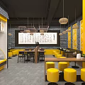 Chinese Restaurant Interior With Yellow Seats Black Pendant Lights Calligraphy Wall And Blue Brick Walls
