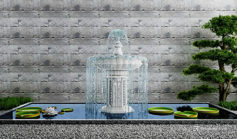 Garden Ornament White Fountain Stone Wall Background With Lily Pads Lotus Flowers And Green Plants 3d model 