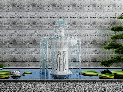 Garden Ornament White Fountain Stone Wall Background With Lily Pads Lotus Flowers And Green Plants 3d model