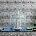 Garden Ornament White Fountain Stone Wall Background With Lily Pads Lotus Flowers And Green Plants