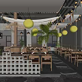 Chinese Style Hotpot Restaurant Interior With Yellow Lanterns And Wooden Dining Tables