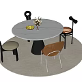 Modern Round Dining Table and Chairs Set with White Tabletop Black Cone Base on Rug 3d model