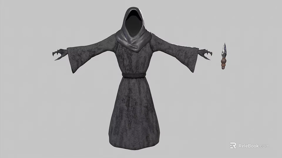 Game and Movie Character In Gray Patterned Hooded Robe With Clawed Hands And Dagger 3d model 