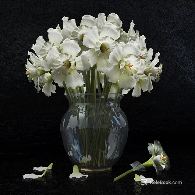 White Narcissus Flowers in Transparent Glass Vase on Black Background with Fallen Petals 3d model 