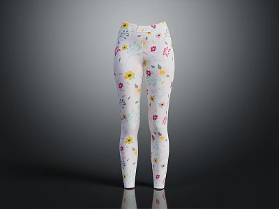 White Floral Print Leggings With Colorful Flowers Yellow Sunflowers And Green Leaves 3d model