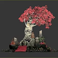 Red Tree Decorative Landscape With Exposed Roots Colorful Flowers And Ornaments