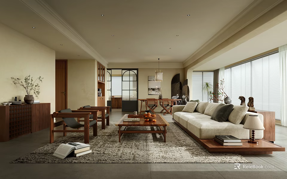 Modern Living Dining Room Interior Design With Beige Sofa Wooden Dining Table And Coffee Table 3d model 