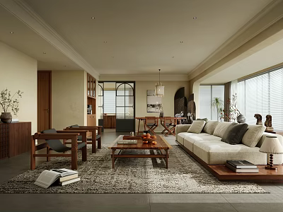 Modern Living Dining Room Interior Design With Beige Sofa Wooden Dining Table And Coffee Table 3d model