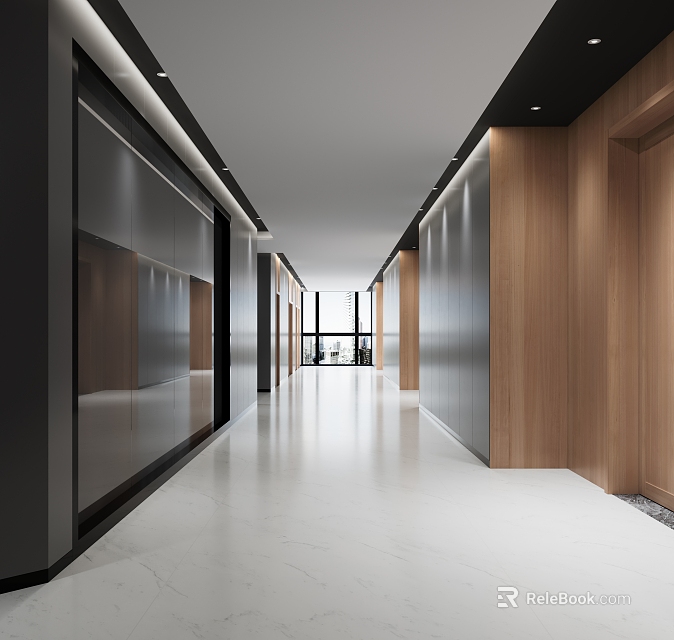 Modern Elevator Hallway With Long Corridor Wooden Walls Glass Doors Ceiling Lights And White Floor 3d model 