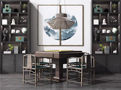 New Chinese Mahjong Table Entertainment Table Bookcase Chandelier 3d model