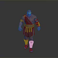 Muscular Bald Man In Ancient Warrior Blue Tunic With Arm Guards Leg Armor And Sandals