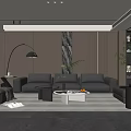Elegant Modern Living Room With Brown Sofa Marble Feature Wall Floor Lamp Coffee Table Greenery