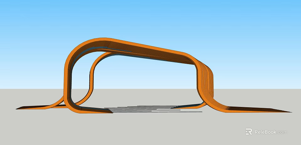 Modern Curved Wooden Pergola Structure With Streamlined Design And Blue Sky 3d model 