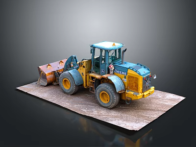 Blue And Yellow Construction Loader With Front Bucket And Large Tires On Flat Surface 3d model