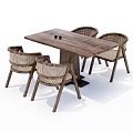Natural Wooden Dining Table Set With Four Rattan Chairs And Rectangular Top 3d model