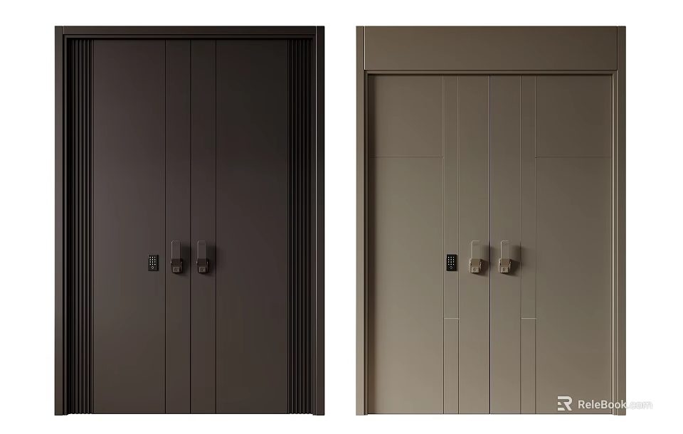 Modern Double Doors Dark Brown and Light Beige Sleek Vertical Lines and Minimalist Design 3d model 