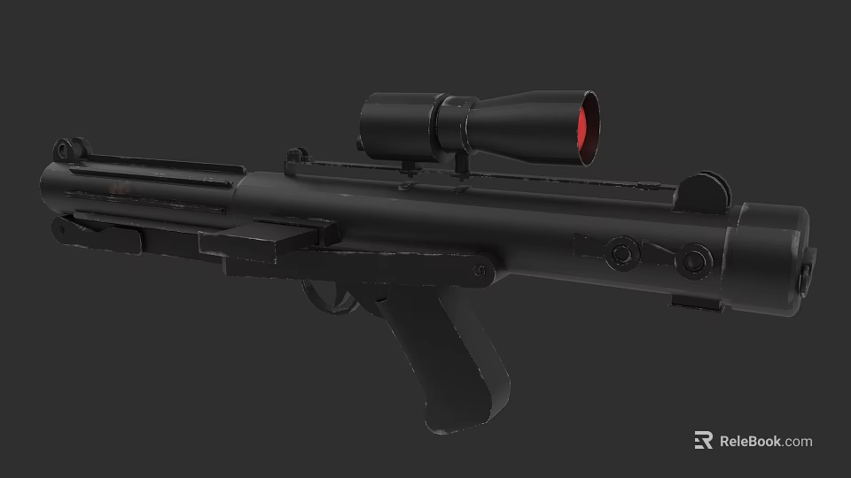 Black Tactical Rifle With Red Scope And Barrel Design Features 3d model 