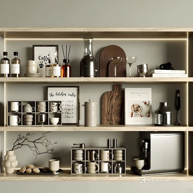 Decorative Ornament Set on Wooden Shelf with Bottles Cups Frames and Coffee Machine 3d model 