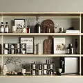 Decorative Ornament Set on Wooden Shelf with Bottles Cups Frames and Coffee Machine