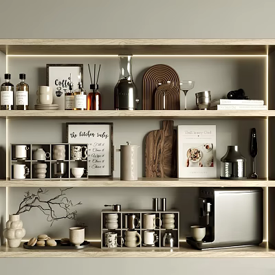 Decorative Ornament Set on Wooden Shelf with Bottles Cups Frames and Coffee Machine 3d model