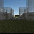 Two Connected Modern White School Buildings With Spacious Front Lawn And Trees