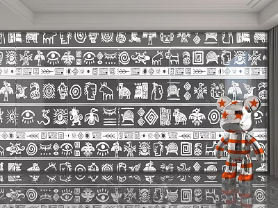 Black and White Decorative Wall With Various Abstract Symbols and Totemic Designs 3d model
