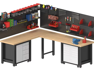 Organized Hardware Tools Workbench With Hanging Tool Rack And Storage Drawers 3d model