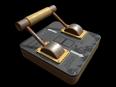 Vintage Foot Switch Device With Two Metal Pedals ON OFF Indicators And Wooden Handle 3d model