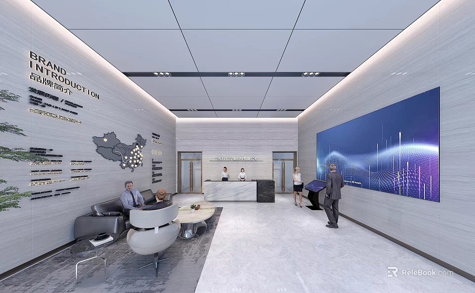 Modern Service Hall Interior Design With Reception Desk Digital Screen China Map And Seating Area 3d model 