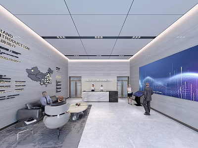 Modern Service Hall Interior Design With Reception Desk Digital Screen China Map And Seating Area 3d model