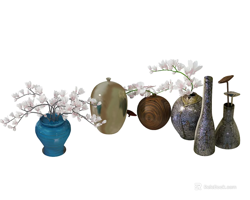 Various Style Ceramic Wooden Vases With White Blossom Flower Branches Decorative Arrangement 3d model 
